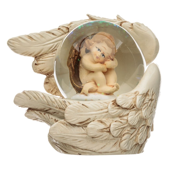 Glob Lichid Decorativ Craciun, 8 cm, Sticla, Bej, Inger in Aripi, MYONNA IT & E- COMMERCE ®