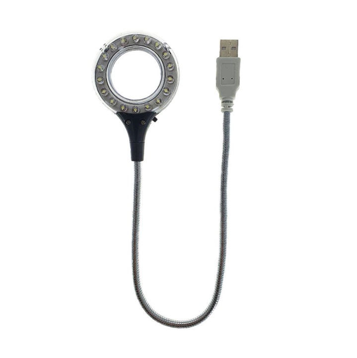 Lampa USB JF-18 cu 18 led-uri, brat flexibil cu lungime 30 cm si lupa cu diametrul de 30mm, neagra Alb