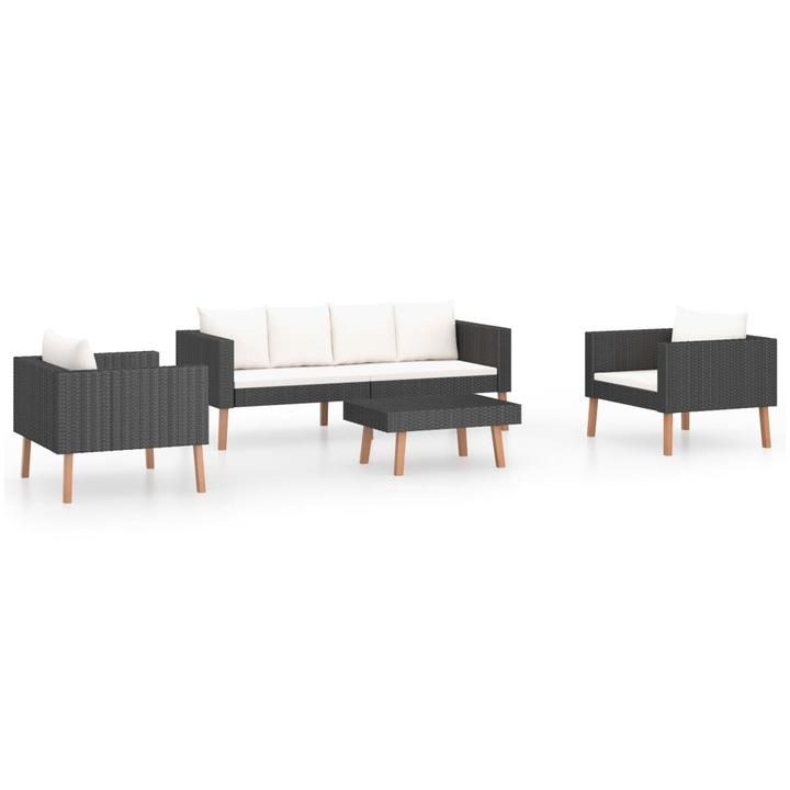 Set mobilier de gradina cu perne vidaXL, 4 piese, negru, poliratan, 42.2 kg