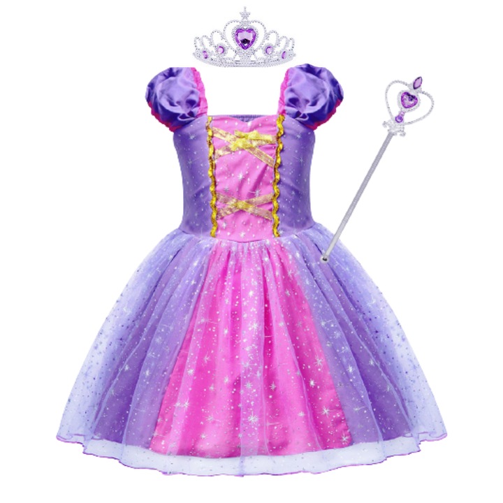 Costum de carnaval model Rapunzel, AmzBarley®, 2 accesorii, 3-4 ani, 110 cm, Halloween, Carnaval, Craciun, Paste, Ziua Copilului, Ziua Indragostitilor, Mov inchis