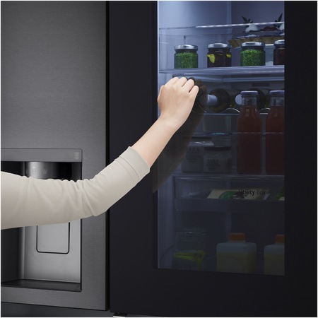 Side by Side LG GSXV91MCAF, 635 l, Total No Frost, Dozator apa, Instaview, Raft sticle, H 179 cm, Clasa F, Negru