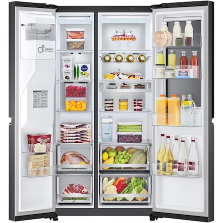 Хладилник Side by Side LG GSXV91MCAF, 635 л, Total No Frost, Диспенсър за вода, Instaview, Поставка за бутилки, H 179 см, Клас F, Черен