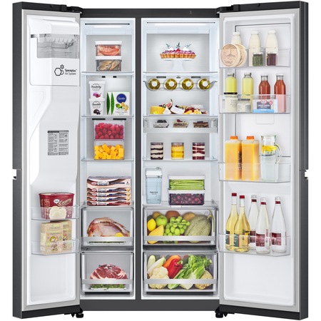 Frigider side by Side LG GSJV91MCAE, 635 l, Total No Frost, Dozator apa, Raft sticle, H 179 cm, Clasa E, Negru