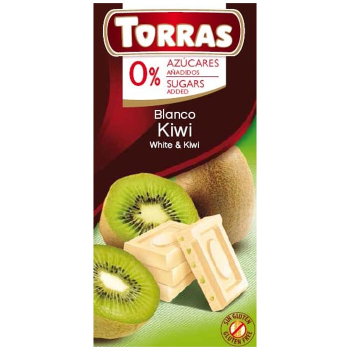 Ciocolata Torras alba cu kiwi fara zahar si fara gluten, 75gr
