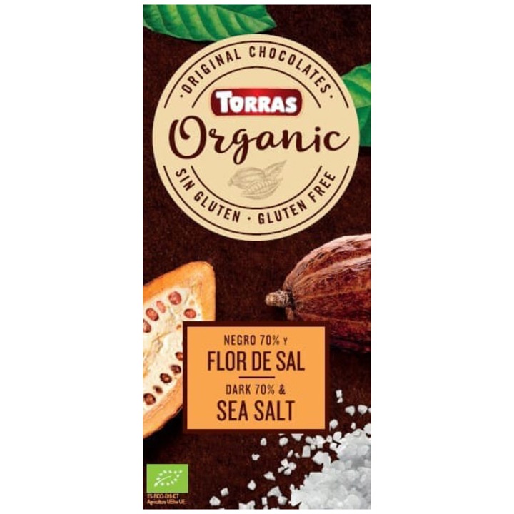 Ciocolata neagra cu 70% cacao si sare de mare Torras, fara gluten, 110 g