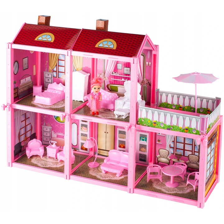 SmartVibe smart kinder vibe Babaház, FashionVilla, Két emelettel, 6 szobával és egy babával, öltözővel, terasz ernyővel, bútorral, 44 cm Magas, Rózsaszín