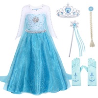 Set rochita si accesorii Elsa Frozen, AmzBarley®, 3-4 ani, 110 cm, Halloween, Cosplay, Craciun, Carnaval, Paste, Ziua Copilului, Ziua Indragostitilor, Albastru