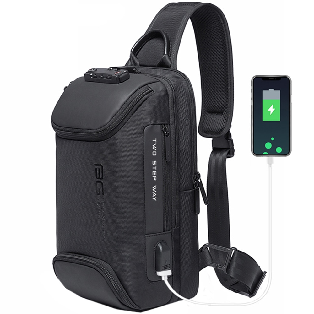 Rucsac crossbody, port USB, si lacat TSA, buzunar antifurt, rezistent la apa, potrivit pentru calatorii BANGE, BG7082BK, Negru