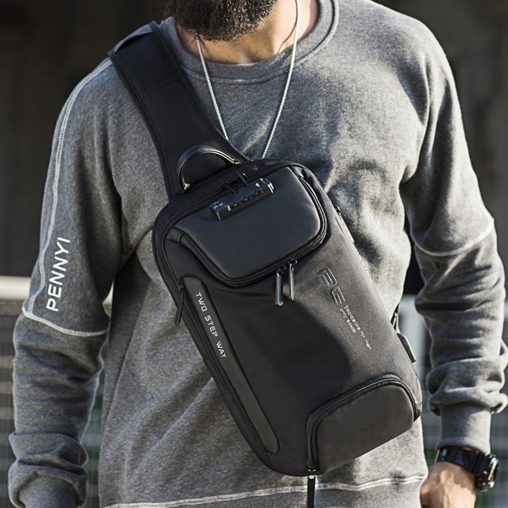 Rucsac crossbody, port USB, si lacat TSA, buzunar antifurt, rezistent la apa, potrivit pentru calatorii BANGE, BG7082BK, Negru