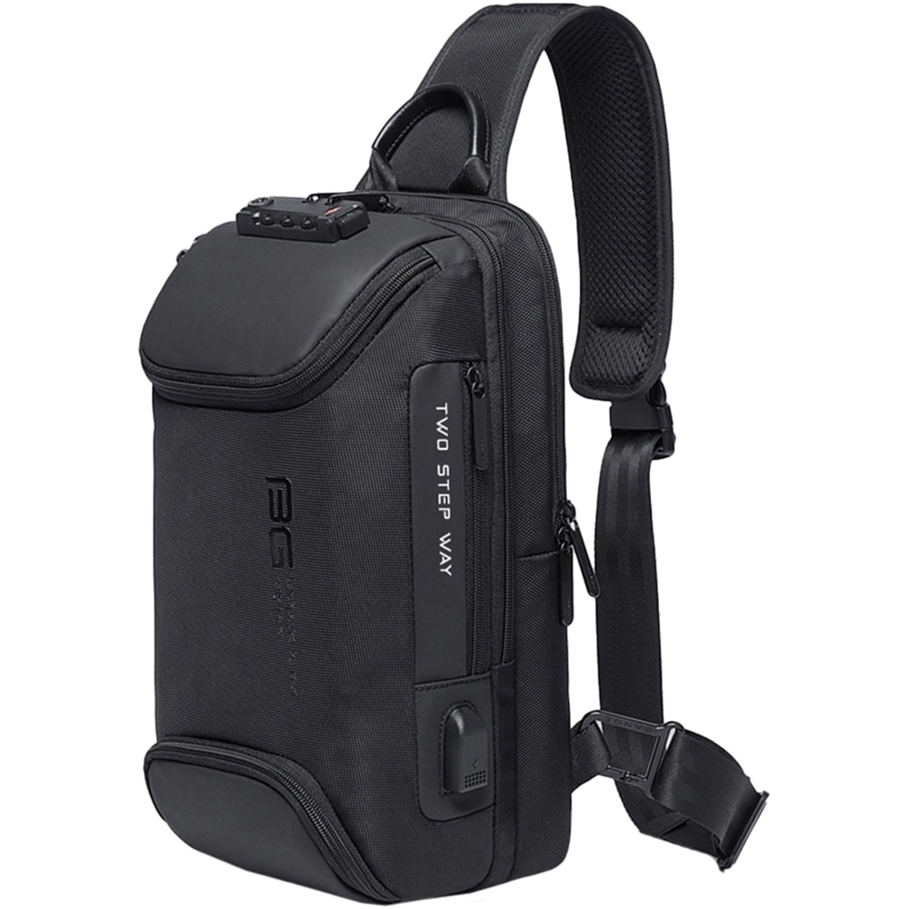 Rucsac crossbody, port USB, si lacat TSA, buzunar antifurt, rezistent la apa, potrivit pentru calatorii BANGE, BG7082BK, Negru