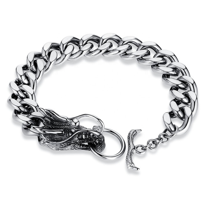 Bratara Cuban Chain model dragon din otel inoxidabil, 13mm, 21 cm, argintiu
