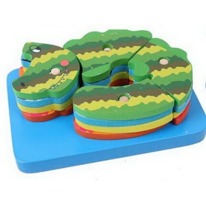 Пъзел 4 в 1, сортер за форми, дърво, многоцветен крокодил