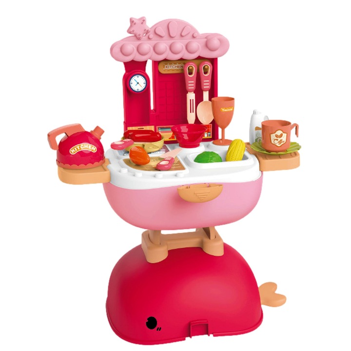 Jucarie de rol, trusa de bucatarie 3in1 tip mini rucsac, geanta si birou pentru scoala "Balena Minunata", 30 piese, accesorii de bucatarie incluse, portabil, roz