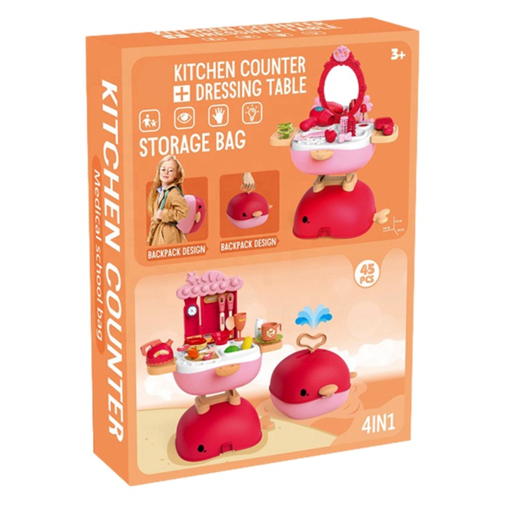 Jucarie de rol, trusa de bucatarie 4in1 tip rucsac, geanta si birou pentru scoala "Balena Minunata", 45 accesorii incluse, portabil, roz
