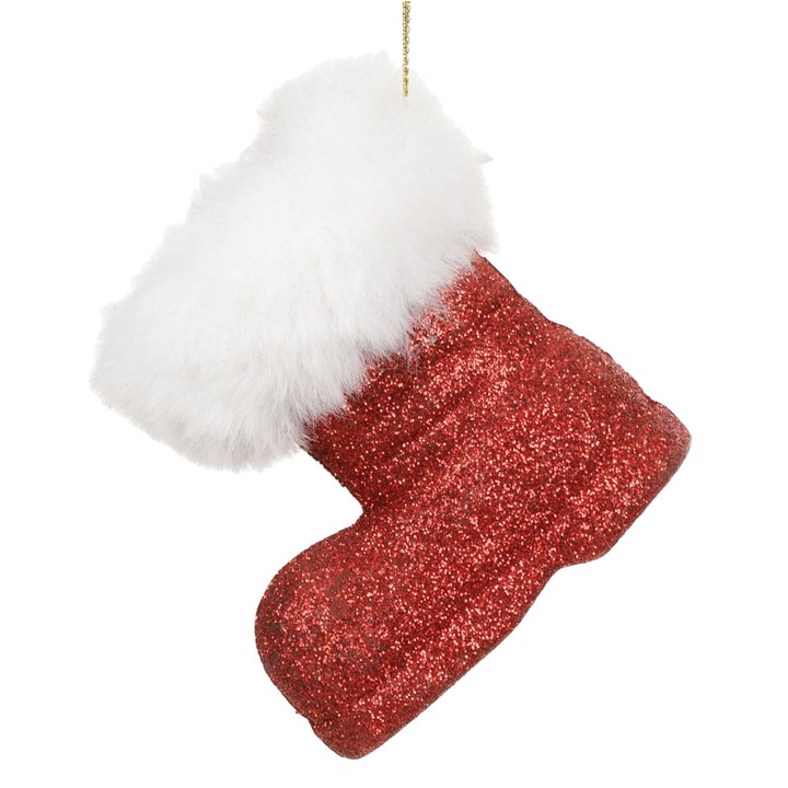 Ornament pentru brad de Craciun Shopiens®, Cizmulita Rosie Blana Alba Glitter, 7cm