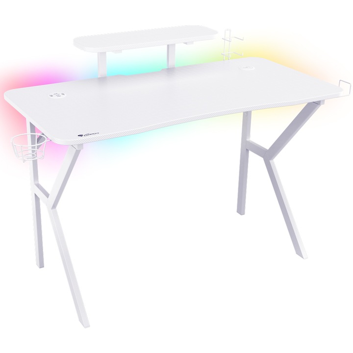 Бюро Genesis HOLM 320 RGB, метална основа, MDF плот с покритие от въглеродни влакна, стойка за монитор (макс. 12 кг), USB хъб, управление на кабела, безжично зареждане, LED лента, Д 120 x Ш 60 x В 75, бял
