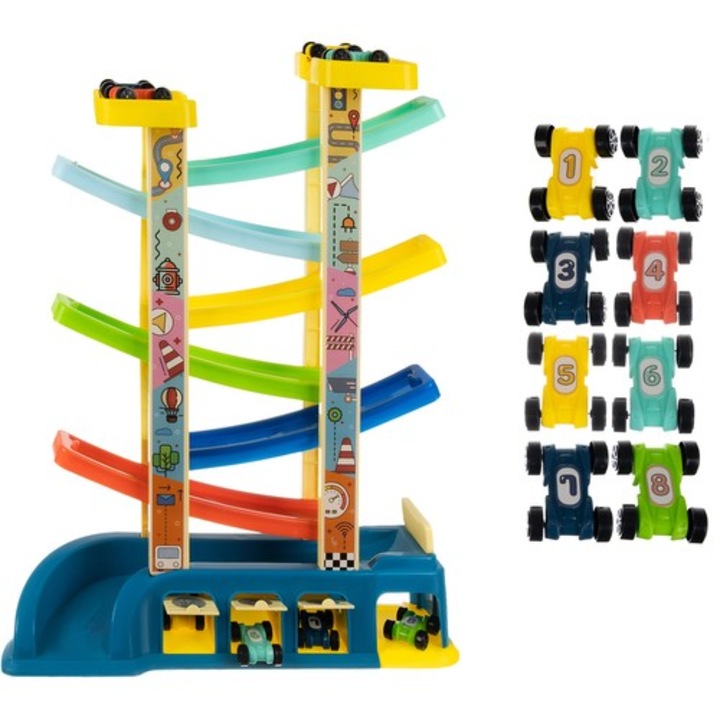 Интерактивна играчка Kruzzel, Тип пързалка, С 8 колички, Размер 45x35x11 см, Многоцветен
