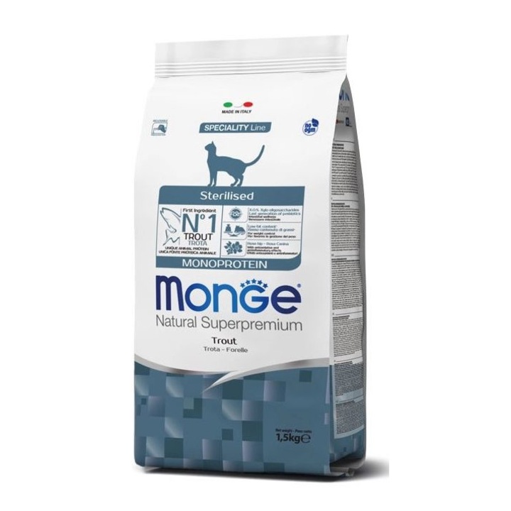 Hrana uscata pisici sterlizate, MONGE Monoprotein Cat Sterilised, cu pastrav 400 g