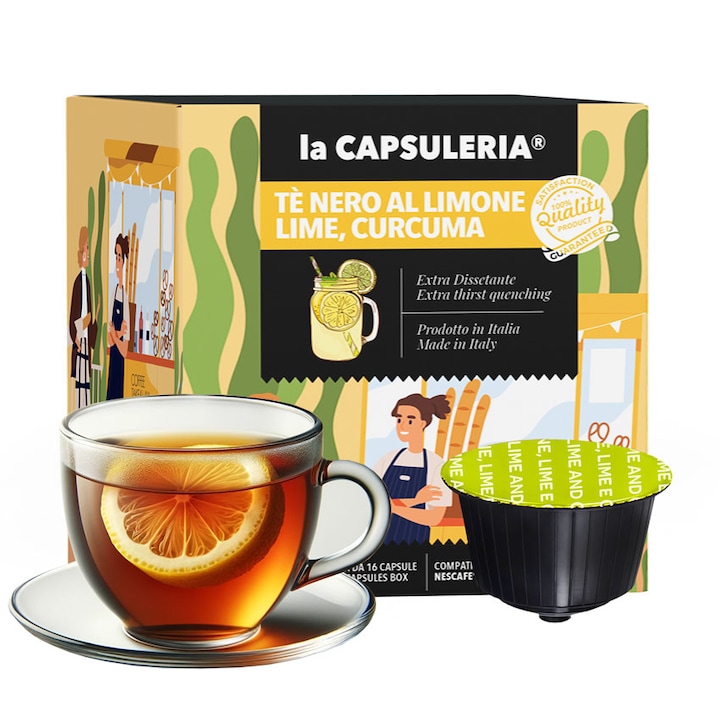 Ceai Negru cu lamaie, lime si curcuma, 16 capsule compatibile Nescafe Dolce Gusto, La Capsuleria