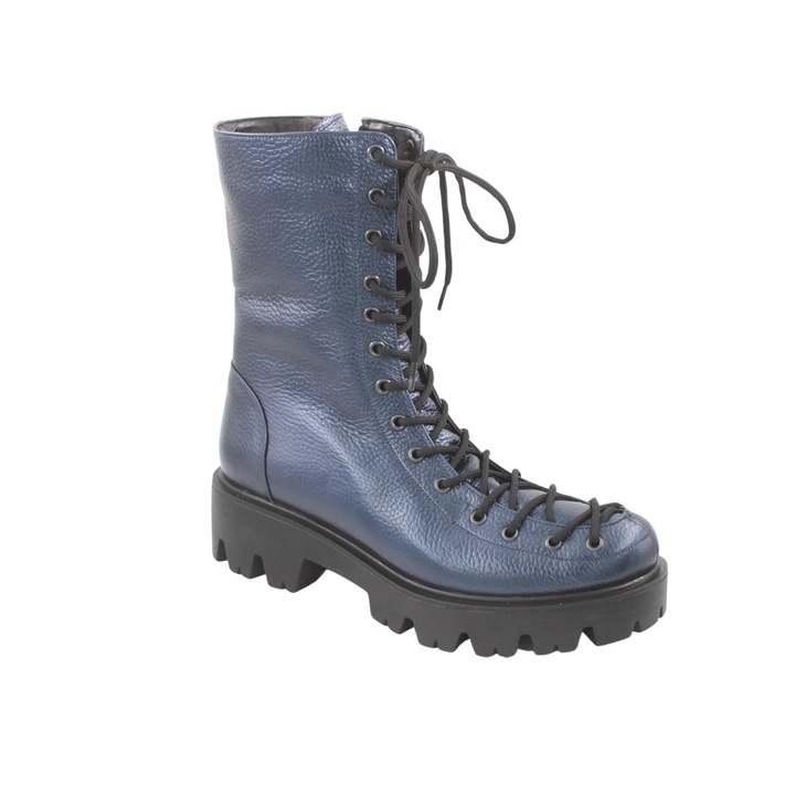 Bocanci dama piele naturala bizon cu sireturi lungi fermoar pe lateral talpa masiva albastru 39 EU