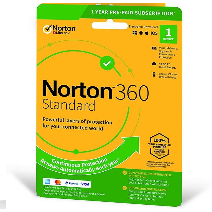 Norton 360 Standard + 10 GB пространство за съхранение, 1 устройство, 1 година, само за Европейски държави