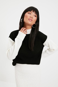 Trendyol - Kontrasztos dizájnú pulóver, Fehér/Fekete