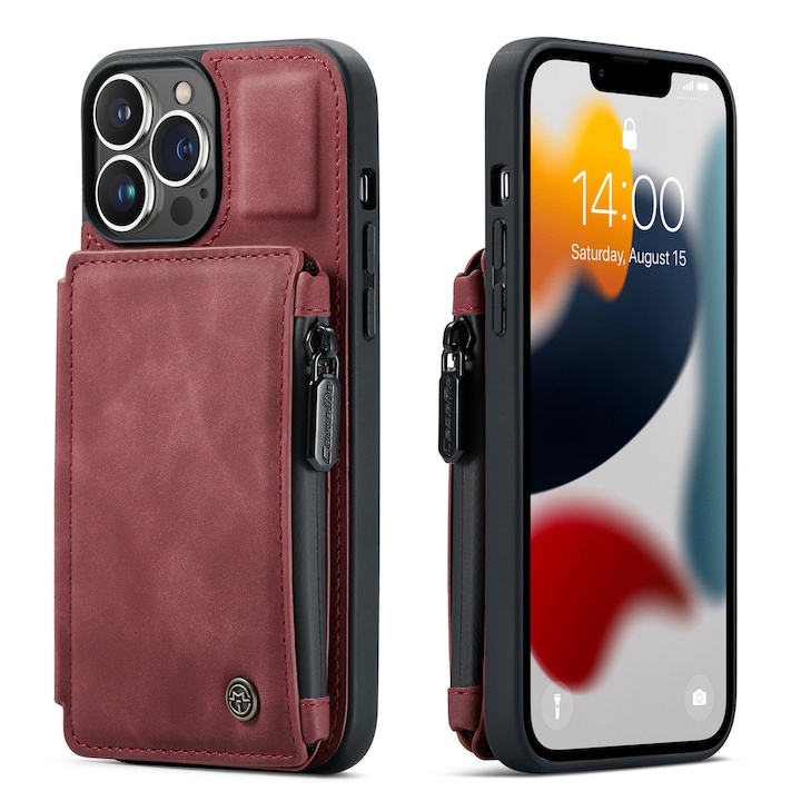 Калъф за iPhone 12 Pro, iPhone 12, кожа с кадифена текстура, back cover, отделение за карти, джоб с цип, RFID защита, бордо