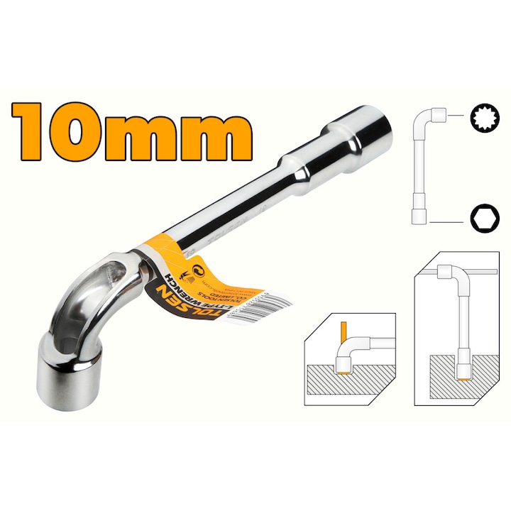 Cheie Tubulara Cotita TOLSEN 10 mm, Otel Forjat, Finisaj Crom Lucios