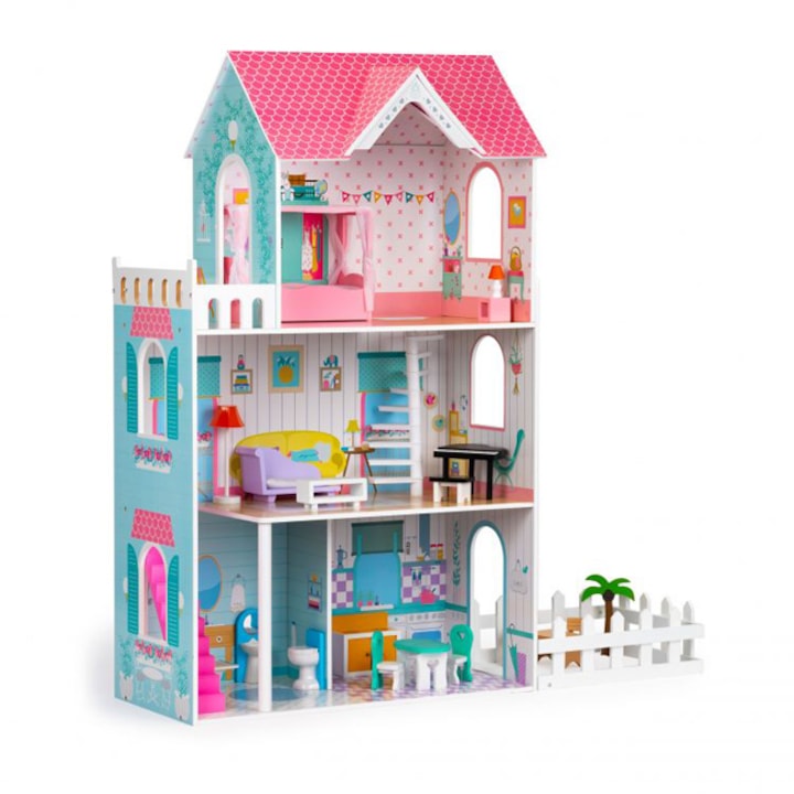 Babaház játék gyerekeknek, fa, 3 emelet, 4 szoba és 18 bútor, rózsaszín/kék
