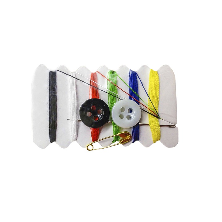 Set de cusut, ata maro, gri, negru, rosu, alb, 1 ac siguranta, 2 nasturi, 1 ac de cusut