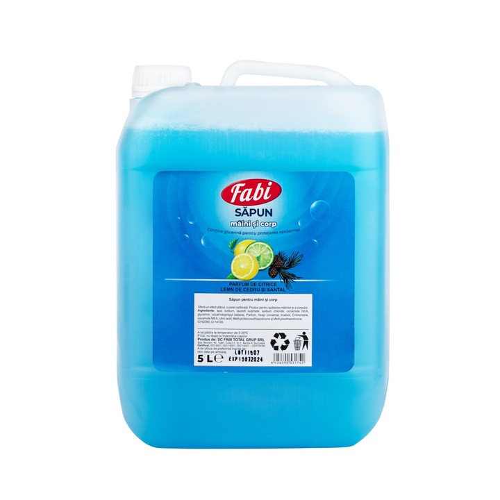Sapun lichid, Fabi, 5L, albastru, parfum citrice, lemn de cedru si santal