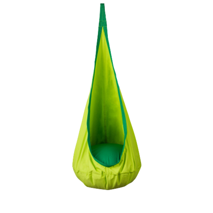 Hamac copii DacEnergy©, tip cocon, material rezistent, perna inclusa, 80kg, carlig inclus, verde, 140x55 cm