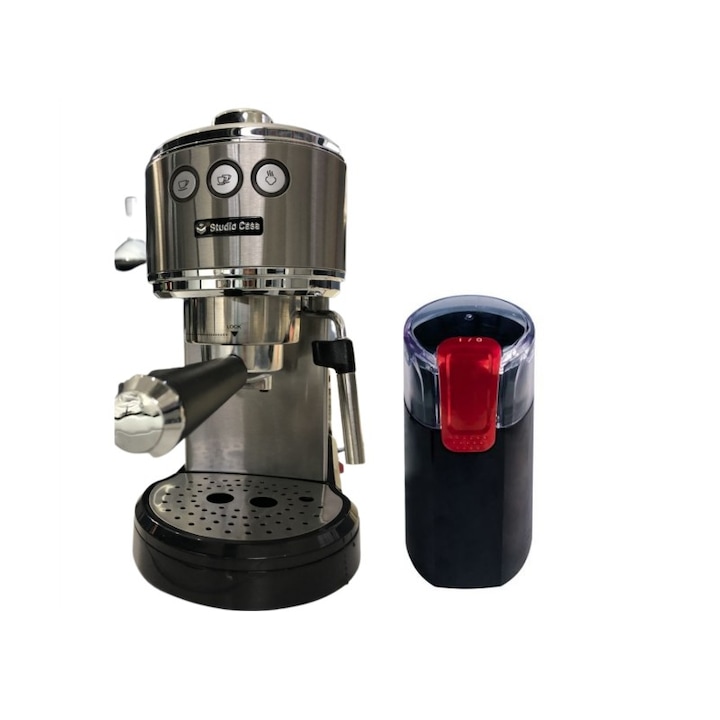 Set espressor cu pompa si rasnita Studio Casa CG Senso, design slim, 15 bar, 1350W, functie spumare lapte, 1 l, 30 g, lame inox, Inox/Negru