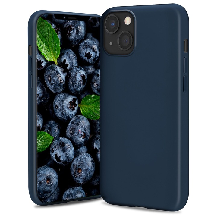 Премиум силиконов кейс, Moozy, за iPhone 13 Mini, тъмно син, вътрешност от микрофибър