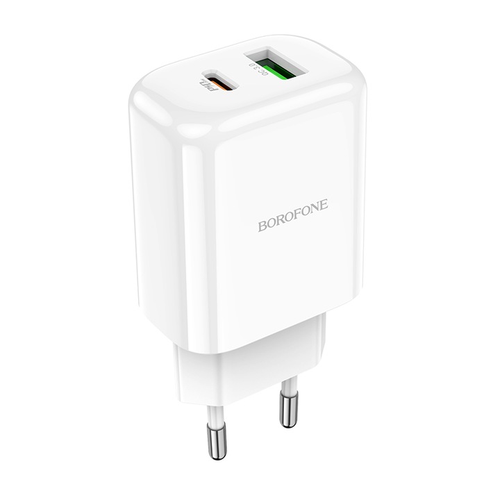 Мрежово зарядно устройство Borofone BN4 Potential, Quick Charge, 20W, 1 X USB - 1 X USB Type-C, Бял