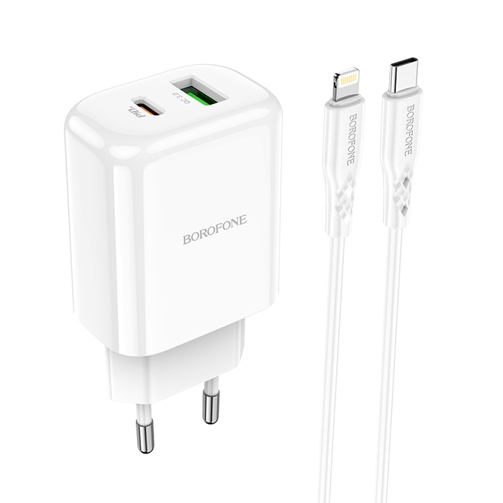 Hálózati töltő Lightning Borofone BN4 potenciálkábellel, gyorstöltés, 20 W, 1 X USB - 1 X USB Type-C, fehér