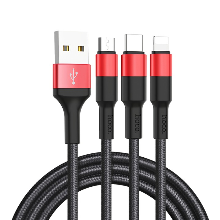 Cablu Incarcare USB tip Lightning / USB Type-C / MicroUSB HOCO X26 Xpress, 1 m, Negru Rosu