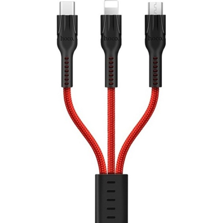 Cablu Date si Incarcare USB tip Lightning / USB Type-C / MicroUSB HOCO U31 Benay 1Pull3, 1.2 m, Rosu