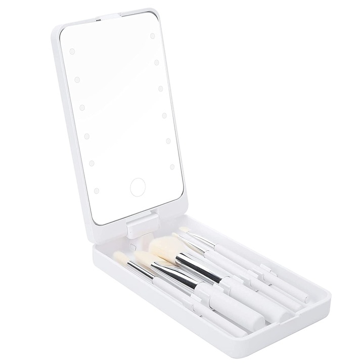 Set 5 pensule machiaj zenifique®, carcasa cu oglinda, 12 leduri, par sintetic, alb