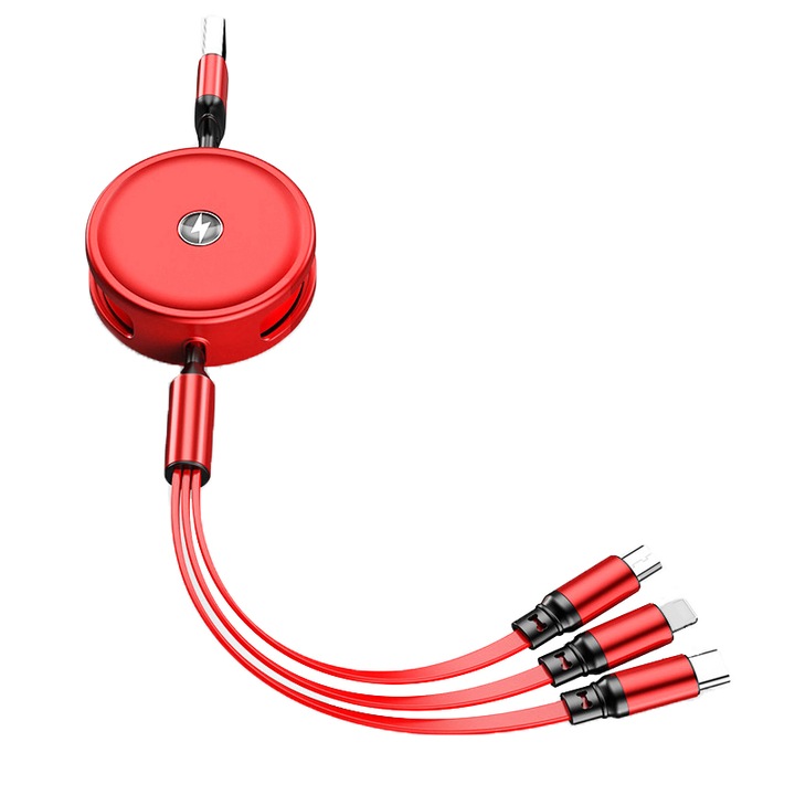 Cablu de date retractabil, USB, Lightning/Micro USB/Type-C, 30-120 cm, Rosu