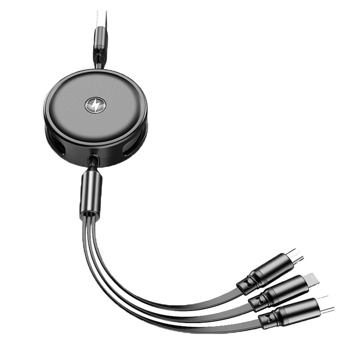 Cablu de date retractabil, USB, Lightning/Micro USB/Type-C, 30-120 cm, Negru