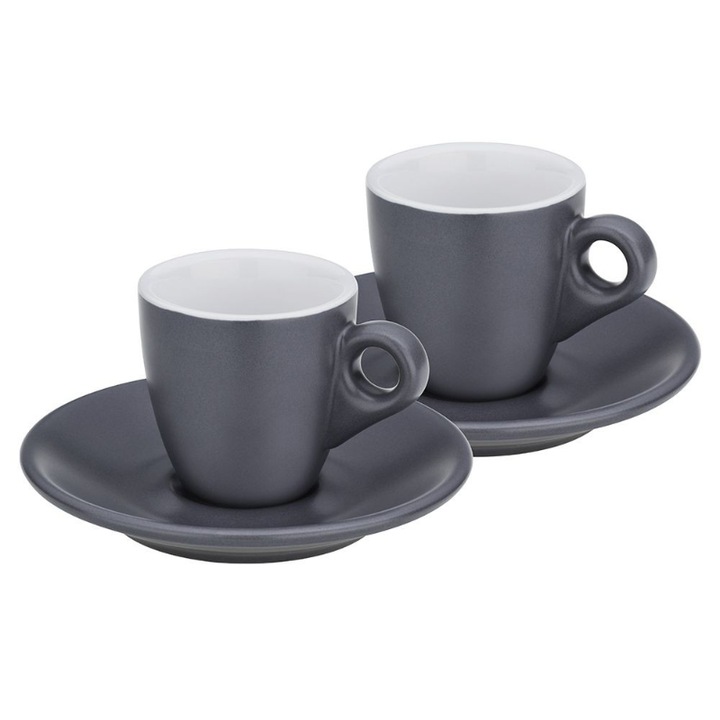 Set de 2 cani espresso cu farfurioara, Mattia, Ceramica, 50 ml, Gri