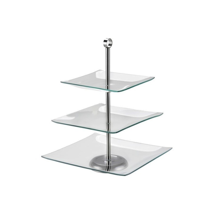 Platou patrat cu 3 etaje VONONIKA, Sticla, 20/25/29 cm