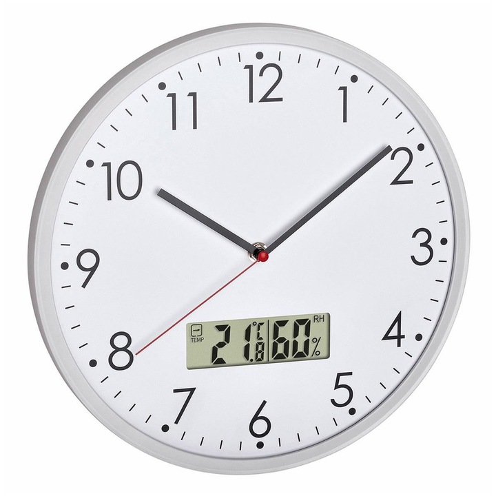 Декоративен часовник Mercaton® с пластмасов циферблат и стъклен капак, диаметър 30,5 см, големи цифри, безшумен кварц, цифров термометър и влагомер, монтиран на стена, бял