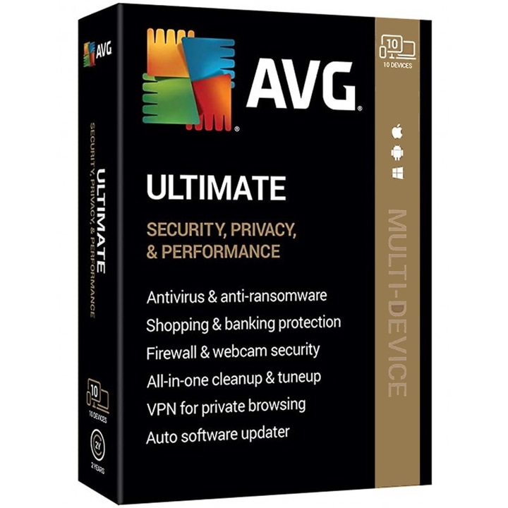 Антивирусна програма AVG, Ultimate 2021 Secure VPN, 10 устройства, 3 години електронен лиценз