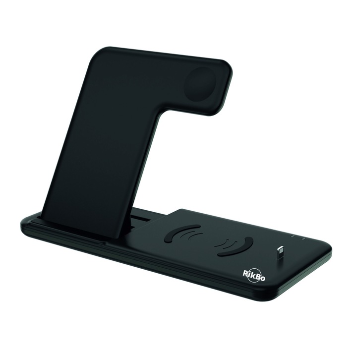 FastCharge RikBo® 4 в 1 безжично зарядно устройство, сгъваем дизайн, съвместим с Apple Watch, Airpods, Iphone, Android Samsung Huawei Xiaomi Oppo, Черен