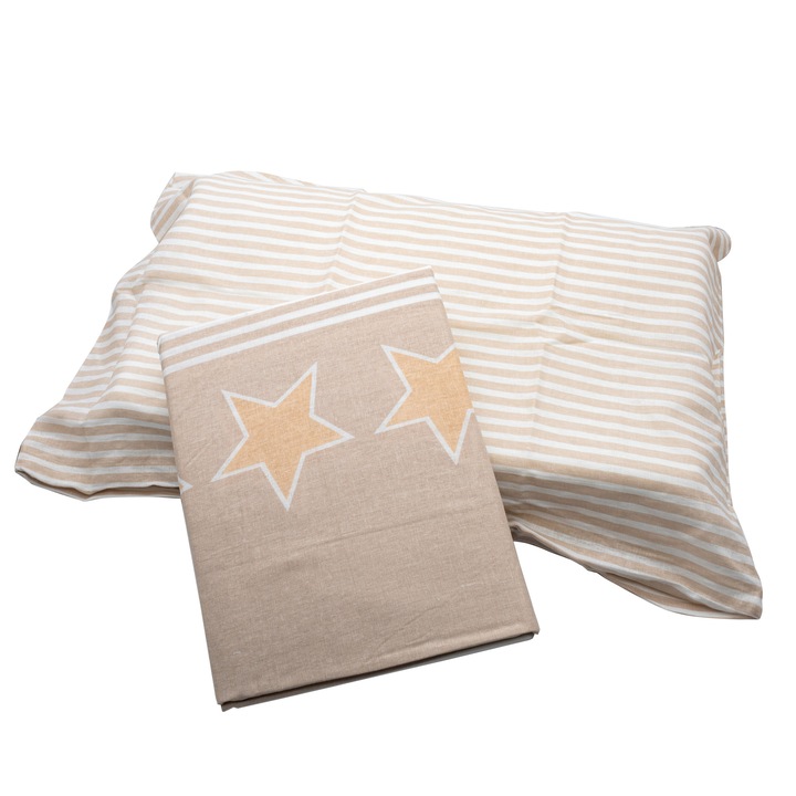Lenjerie de pat pentru copii, 2 piese, 100% bumbac, 1 husa pilota 100x135cm, 1 fata perna 40x60cm, tip inchidere fermoar, culoare bej, model dungi stelute