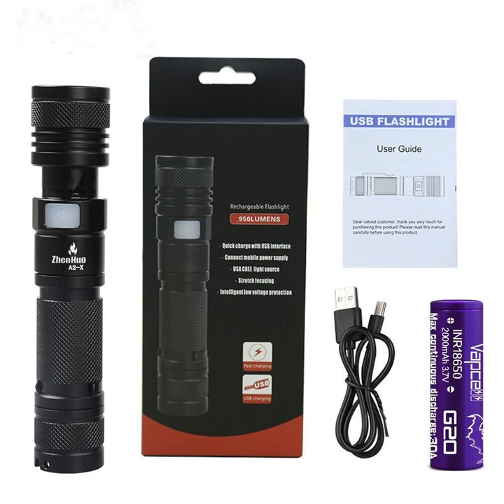 Lanterna portabila LED A2-X, 7 W, Incarcare USB, 700Lm, 85 g, 127x27x25 mm, Negru