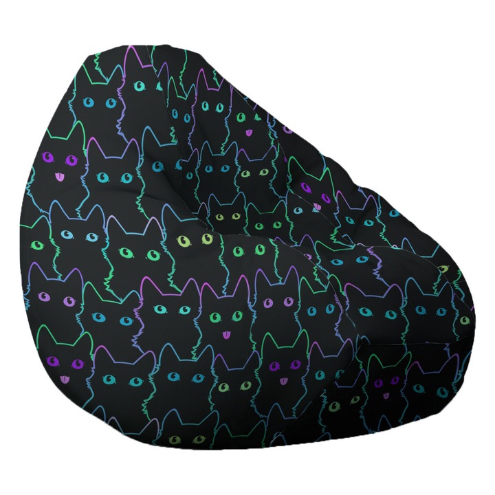 Fotoliu Pufrelax Mediu-Mare, Nirvana Grande, Cute Cat, Imprimat, pretabil si la exterior, umplut cu perle polistiren