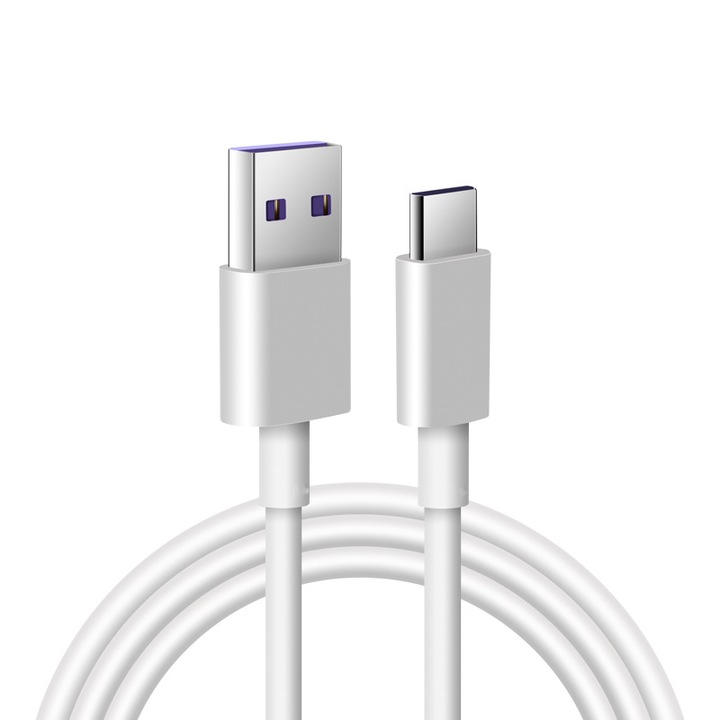 Кабел за бързо зареждане и пренос на данни, дължина 1 м, EVTrend Premium, USB-USB-C, 5A, супер зареждане, за Android телефон / таблет или лаптоп, USB конектор, USB-C конектор, Бял